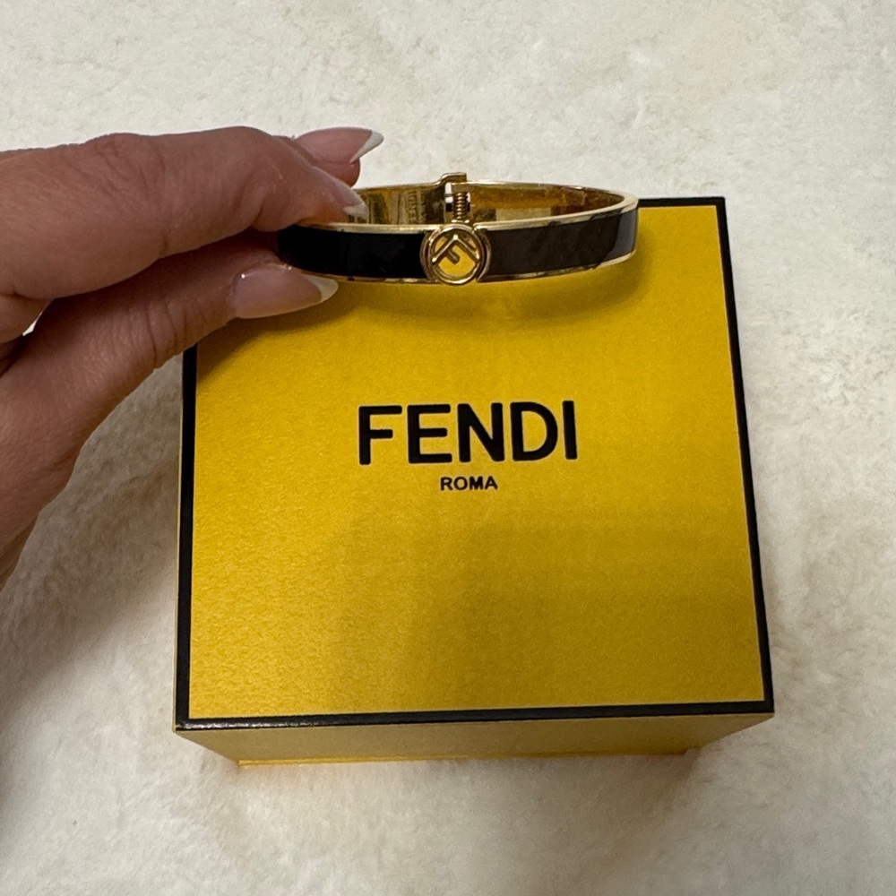 Authentic Fendi F Bicolor Enamel Gold Tone Bracelet Small